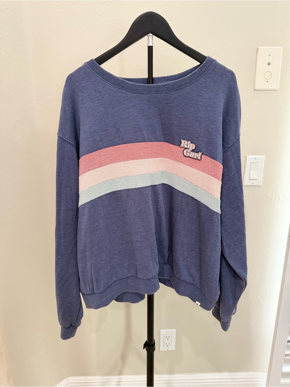 Rip Curl Navy Crewneck Sweater with Pink and Light Blue Stripes Retro Surf Skate